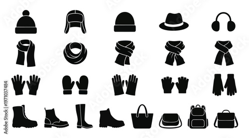 Winter Clothing  Accessories Glyph Icons Set: Hats, Scarves, Gloves, Boots, Bags for Fashion