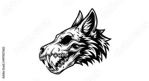 Black and White illustration of a menacing wolf skull, with sharp teeth and a fierce expression, perfect for edgy designs and dark themes