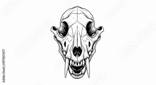 Detailed black and white illustration of a fearsome jaguar skull with sharp teeth and bared fangs, evoking a sense of primal power and danger