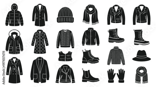 Black  White Winter Clothes  Accessories Glyph Icons Set for Cold Weather Fashion