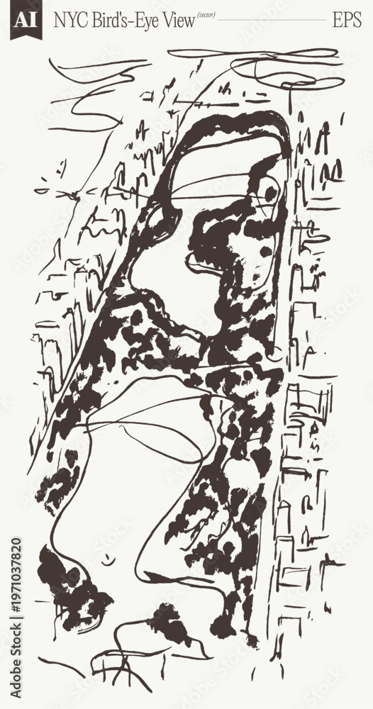 Fototapeta premium Central Park NYC Bird's-Eye Urban Grid Gestural Expansive Sketch