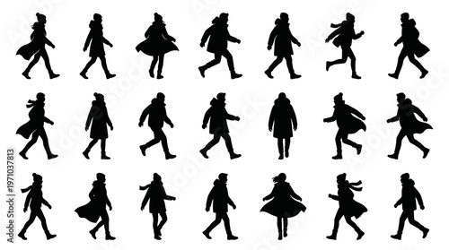 Human Activity Silhouettes: Diverse Winter People Walking, Running, Standing Black  White Vector Set
