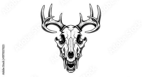 Deer skull illustration with large antlers, sharp teeth, and a menacing expression in a black and white drawing style