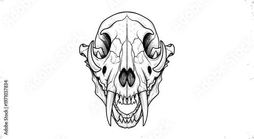 Detailed black and white illustration of a ferocious tiger skull, showcasing sharp teeth and eye sockets, rendered in a realistic skeletal style