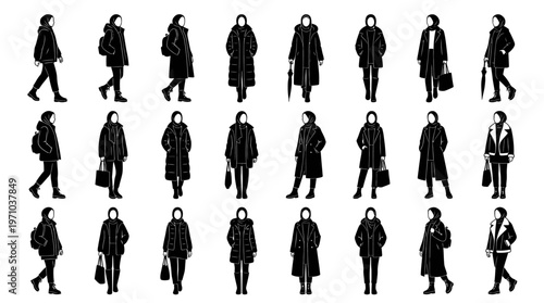 Muslim Women Lifestyle Glyph Silhouettes: Diverse Poses in Hijabs  Winter Coats