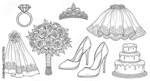 Collection of Wedding Elements Hand Drawn Sketch.