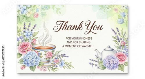 Gratitude card, floral thank you note, tea cup illustration, kindness expression