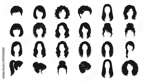 Collection of Diverse Female Hairstyles Silhouette Vector Icons for Beauty Fashion