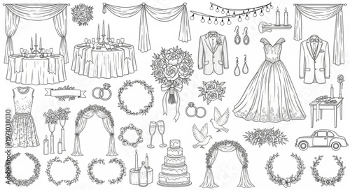 Collection of Wedding Elements Hand-Drawn Sketch Style.