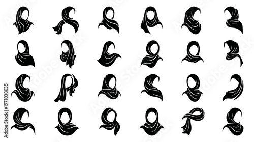 Muslim Women's Hijab Headscarf Fashion Silhouette Glyph Vector Icons Collection