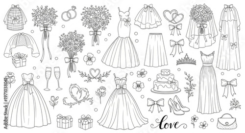 Collection of Wedding Elements Hand-Drawn Sketch Style.