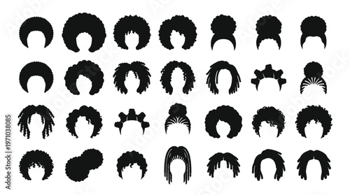 Afro Hairstyles Silhouettes Vector Icons Set - Diverse Black Hair Styles Glyph Art