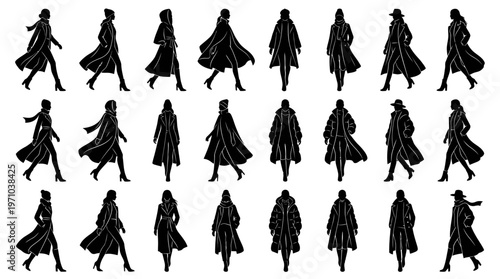 Black and White Female Fashion Coats  Jackets Silhouettes Vector Set