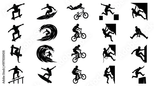 Black Silhouette Action Sports Glyphs: Skateboard, Surf, BMX, Parkour, Climb Icons