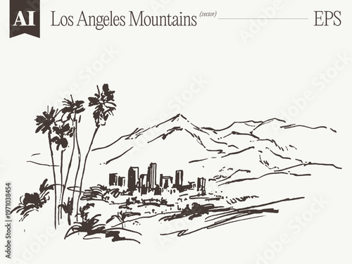 Los Angeles Mountains Wide View Sketch Vector Art