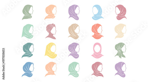 Flat Vector Silhouettes of Diverse Muslim Women Wearing Various Hijab Styles