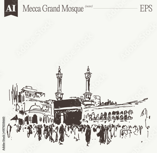 Mecca Grand Mosque Exterior Sketch Vector Illustration
