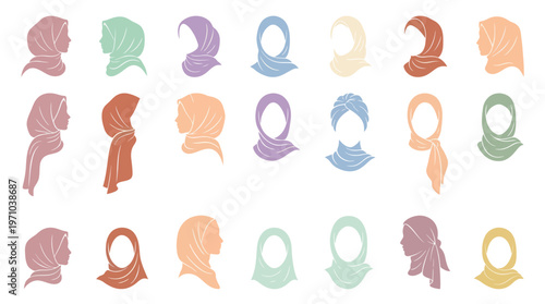 Flat Design Muslim Women Headscarf and Hijab Styles Vector Set