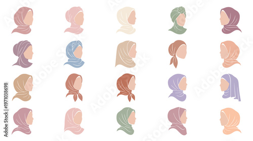 Fashion  Culture: Flat Illustration Vector Set of Diverse Women Wearing Headscarves and Hijabs