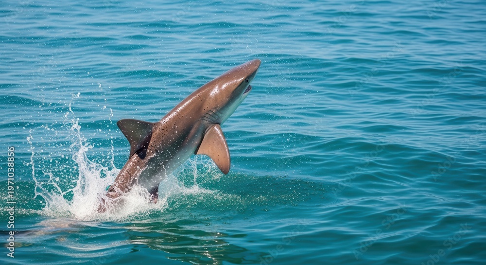 Fototapeta premium Powerful shark breaching the ocean surface in an acrobatic feeding display