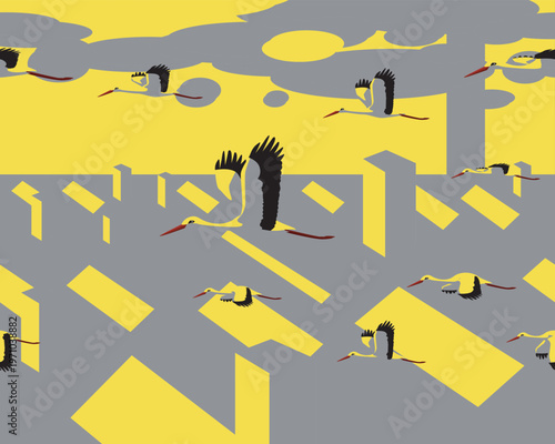 White Stork Migrating Over Polluted Landscape Seamless Pattern Background Wallpaper