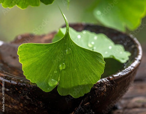 Ginkgo leaf in bowl of water, serene nature scene.
