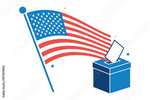 An American flag waves proudly over a ballot box, symbolizing the democratic process and national elections in the United States.