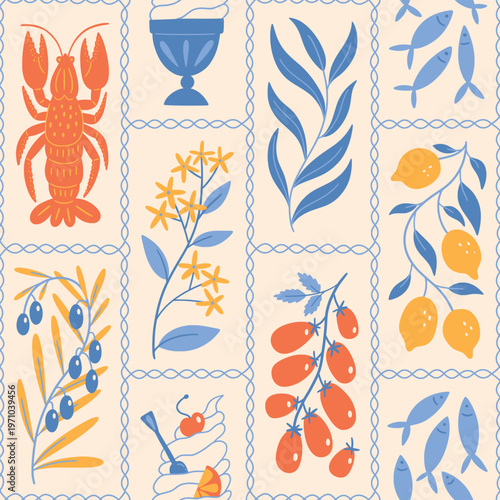 Mediterranean Amalfi coast seamless pattern. Hand drawn lemon, Italian fruit, and seafood (sardine, lobster). Summer Italy vintage vector background for textile, fabric, and wrapping paper.