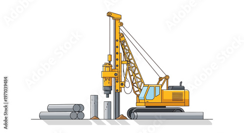 Yellow Hydraulic Piling Rig Machine Vector Illustration for Foundation Construction and Civil Engineering Projects Isolated on White Background