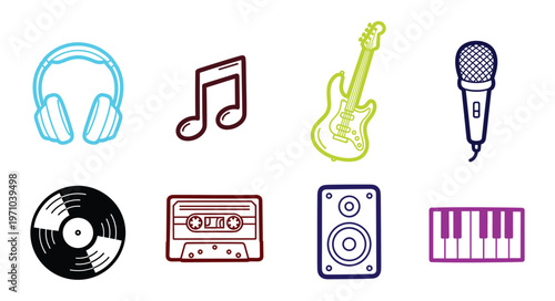 Colorful Hand-Drawn Music and Audio Icon Set — Headphones Guitar Microphone Vinyl Cassette Speaker Piano Vector