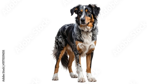 A medium-sized, tri-colored dog stands proudly against a bright white backdrop. The dog has a mixed coat of black, brown, and grey with some white