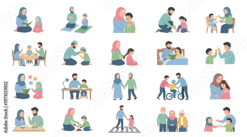 Flat Vector Illustrations of Muslim Family Life, Parenting, and Children's Daily Activities