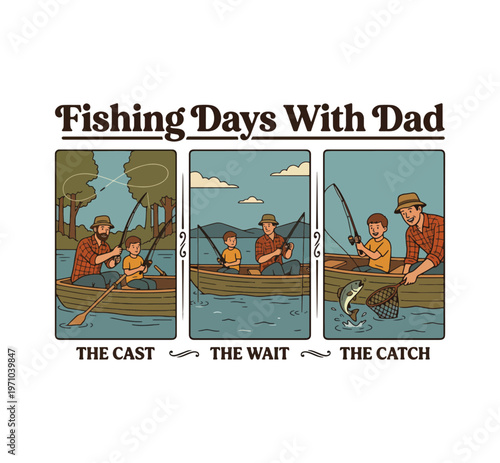 A heartwarming triptych illustration depicts a father and son enjoying a fishing trip together showcasing the process from casting to catching Father's day t shirt design