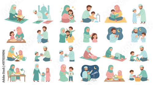 Flat Vector Muslim Family Activities Collection: Daily Life, Religious Practices, Parenting, Education