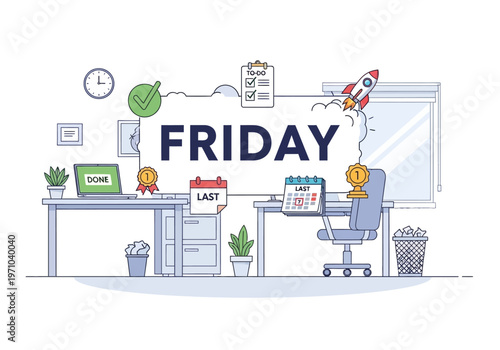 Conceptual office illustration celebrating Friday, featuring a desk with symbols of completed tasks, earned achievements, and the joyful anticipation of the upcoming weekend