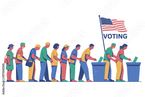 A diverse group of people patiently stand in a line to cast their votes at a polling station, with an American flag proudly displayed overhead, symbolizing the democratic process of elections and
