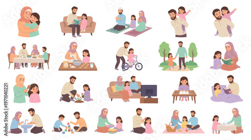 Muslim Family Life Flat Illustrations: Parents  Children Daily Activities, Islamic Culture  Parenting Vector Art