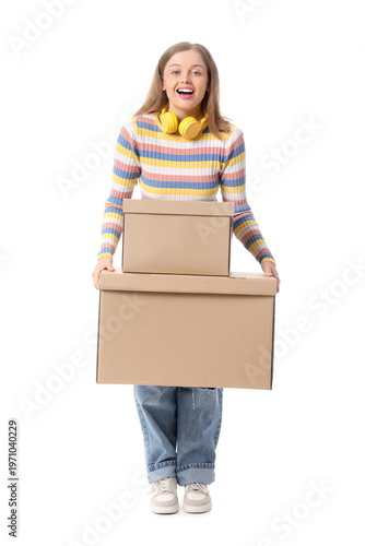 Happy young woman with card...