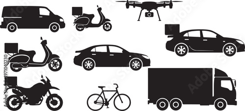 delivery system van scooter drone silhouette set blac