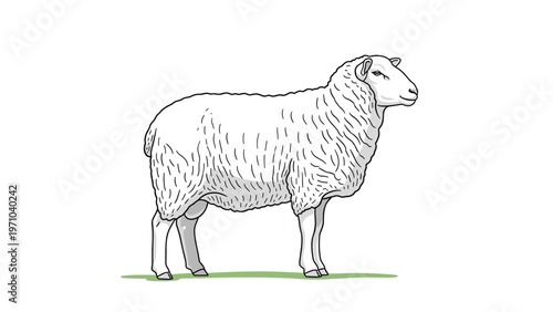 Large white sheep with thick wool standing on a small patch of green grass isolated against a pure white background.