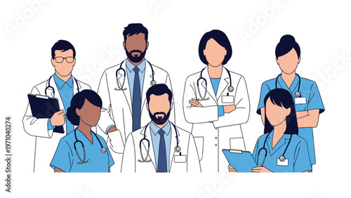 Diverse group of doctors and nurses in white coats and blue scrubs standing together representing a healthcare team.