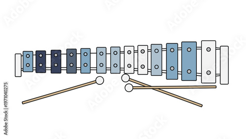 Blue and white xylophone with three wooden mallets positioned in front of it isolated on a plain white background.