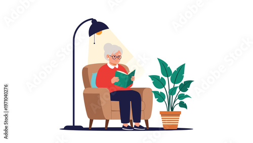 Senior woman sitting comfortably in a brown armchair under a floor lamp reading a green book next to a large potted plant.