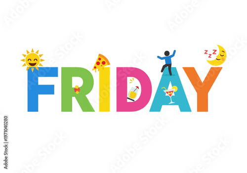 Vibrant and playful typographic illustration celebrating the arrival of Friday, depicting the joyful anticipation of weekend leisure, relaxation, and social activities with colorful elements