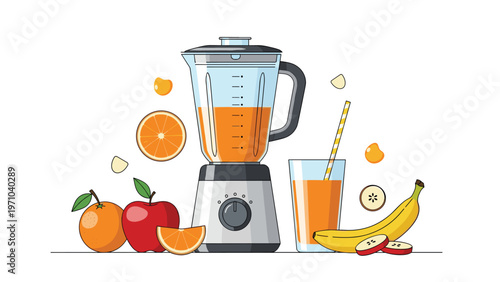 Modern kitchen blender preparing a fresh orange fruit smoothie surrounded by whole and sliced fruits like orange, apple, and banana.