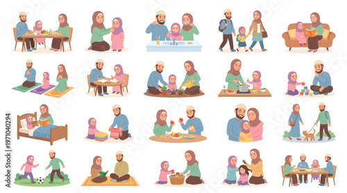 Flat Vector Islamic Family: Parents  Children Daily Life, Parenting  Education Activities