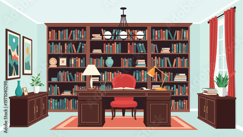 Elegant home library and study room featuring a massive bookshelf, a large desk with a chair, and large windows with red curtains.
