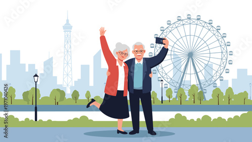 Happy senior couple taking a selfie with a smartphone in a city park with a Ferris wheel and skyline buildings behind them.