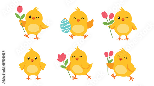 Collection of adorable yellow cartoon chicks holding pink tulips and an Easter egg in various playful and happy poses.