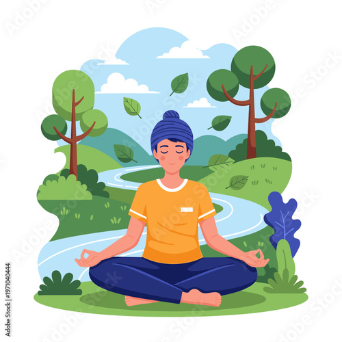 Person Practicing Yoga and Meditation in Peaceful Nature Environment Illustration